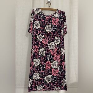 LuLaRoe 2X Navy White Pink Rose Floral Short Sleeve Julia Dress